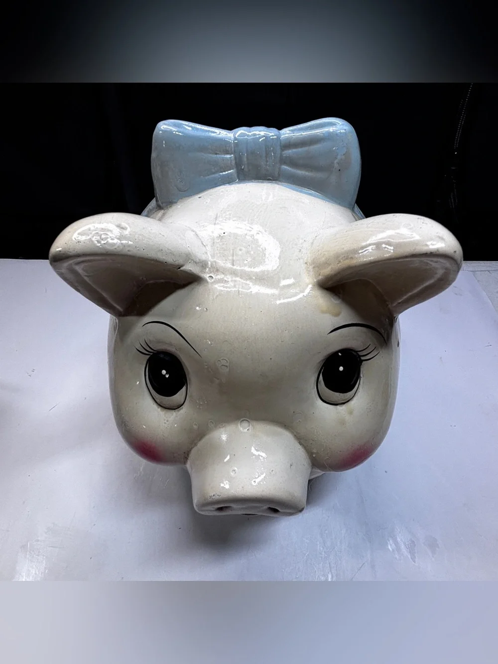 Vtg Ceramic Pottery Pig Piggy Bank  1940s 50s Large Blue Bow Grandma Country